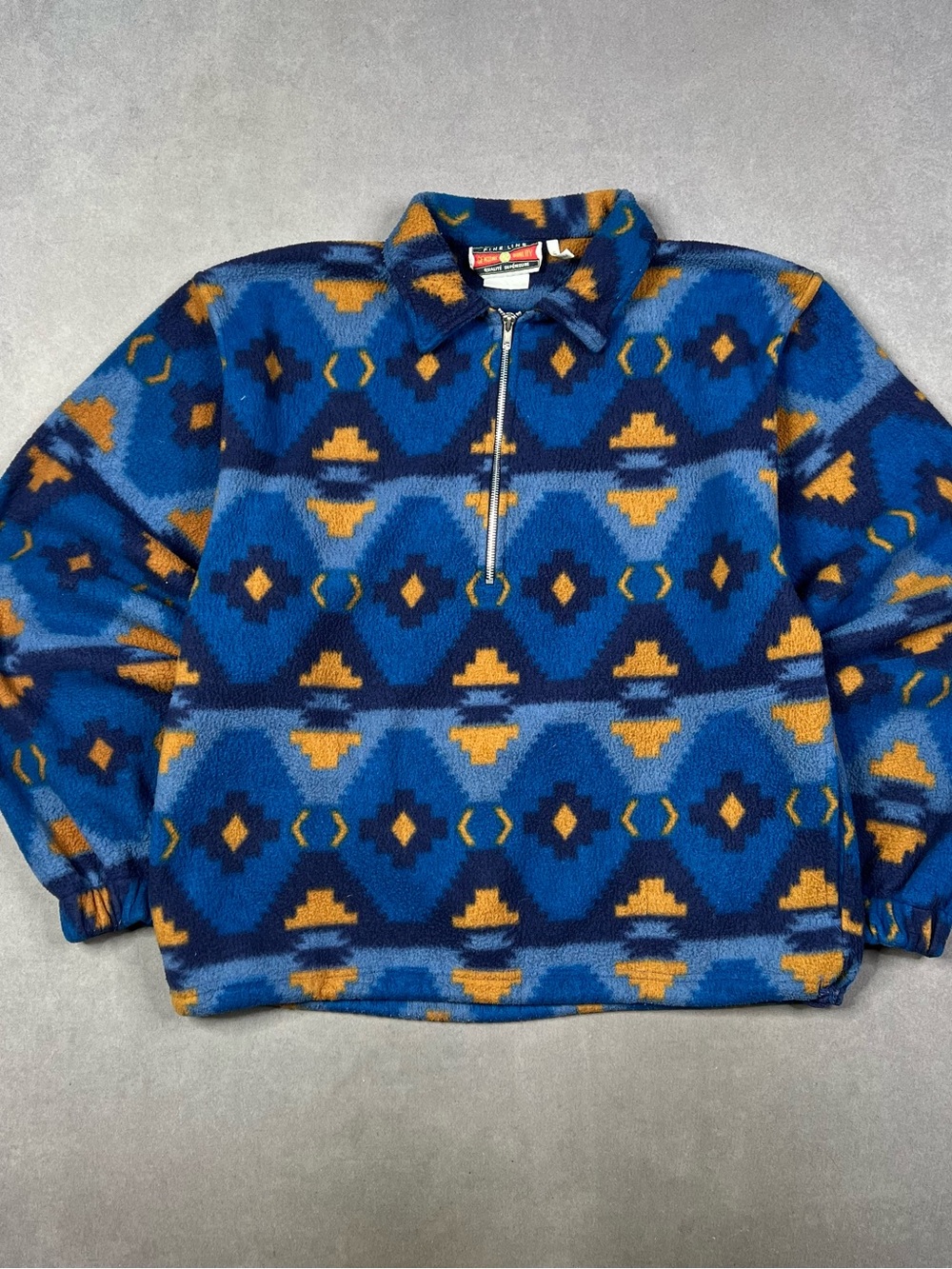 Vintage Blue & Gold Geometric Quarter-Zip Fleece Pullover Western